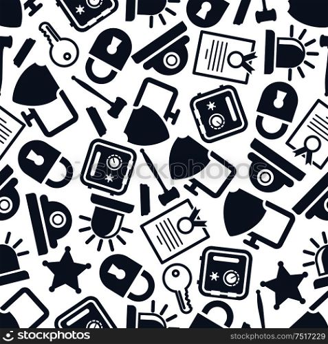 Security and protection seamless pattern with gray symbols of safes, padlocks, keys, web security shields, patents, video surveillance, sheriff stars, judge gavels and alarms over white background. Use as security and law theme design. Security and protection seamless pattern
