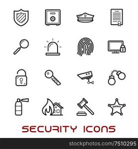 Security and protection thin line style icons with web security shield, padlock, key, safe, gavel, video surveillance, fire security, patent, handcuffs, fingerprint, extinguisher and sheriff star. Security and protection thin line style icons