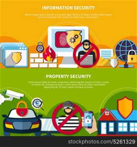 Security And Safety Banners Set. Security and safety horizontal banners set with information and property security symbols flat isolated vector illustration