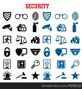 Security and safety flat icons set with web security shields, padlock, key, safe, video surveillance, fire security, patent, justice scales, handcuffs, fingerprint, extinguisher and sheriff star. Security and protection flat icons set