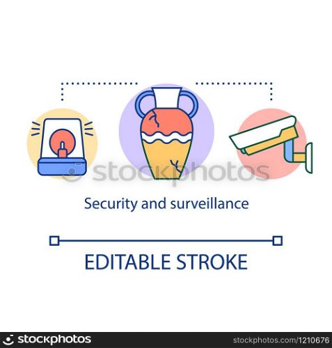 Security and surveillance concept icon. Protection of valuable historical artifacts. Modern museum alarm system idea thin line illustration. Vector isolated outline drawing. Editable stroke