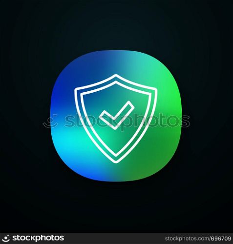 Security approved app icon. Defense, protection. Insurance. Antivirus program. UI/UX user interface. Mobile application. Successfully tested. Shield with checkmark. Vector isolated illustration. Security approved app icon