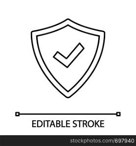Security approved linear icon. Defense, protection. Thin line illustration. Insurance. Antivirus program. Successfully tested. Shield with checkmark. Vector isolated outline drawing. Editable stroke. Security approved linear icon