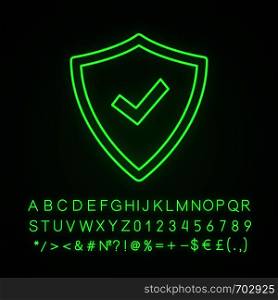 Security approved neon light icon. Defense, protection. Insurance. Antivirus program. Glowing sign with alphabet, numbers. Successfully tested. Shield with checkmark. Vector isolated illustration. Security approved neon light icon