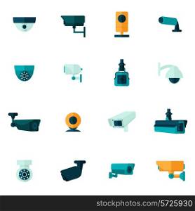 Security camera electronic video monitoring icon flat set isolated vector illustration