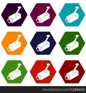 Security camera icons 9 set coloful isolated on white for web. Security camera icons set 9 vector