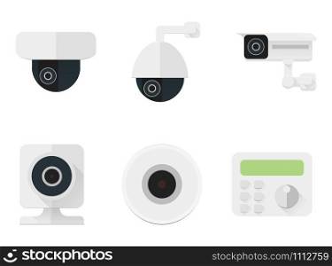 Security camera icons set. CCTV flat color simbols for a security and shops. Various types of cameras for outdoor and home, dome, cabinet, PTZ, wifi. Surveillance video system for guard and police.. Security camera icons set. CCTV flat color simbols for a security and shops. Vector stock illustration