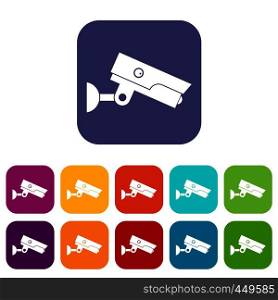 Security camera icons set vector illustration in flat style In colors red, blue, green and other. Security camera icons set flat