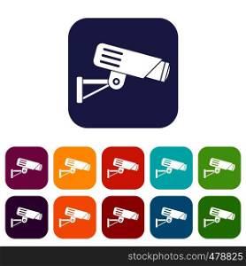 Security camera icons set vector illustration in flat style in colors red, blue, green, and other. Security camera icons set