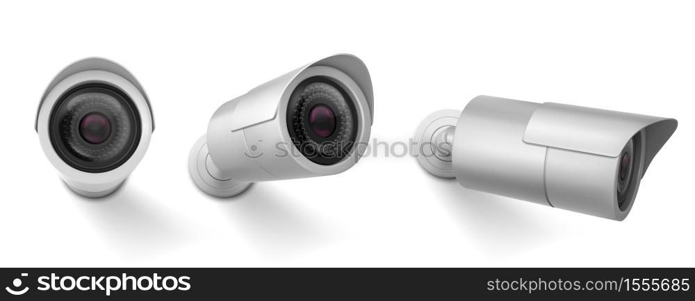 Security camera in different views. Vector realistic set of cctv cam, watching system, video control of safety. Hanging web camera for surveillance and recording isolated on white background. Security camera, cctv cam for surveillance