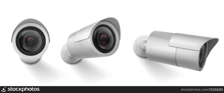 Security camera in different views. Vector realistic set of cctv cam, watching system, video control of safety. Hanging web camera for surveillance and recording isolated on white background. Security camera, cctv cam for surveillance