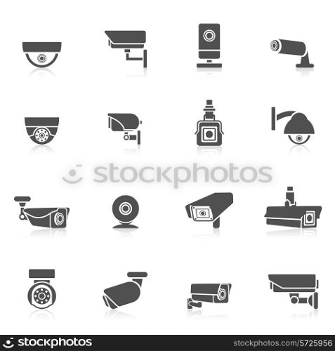 Security camera private safety security control electronic black icons set isolated vector illustration