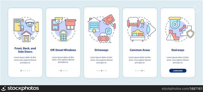 Security cameras placement onboarding mobile app page screen. Home protection walkthrough 5 steps graphic instructions with concepts. UI, UX, GUI vector template with linear color illustrations. Security cameras placement onboarding mobile app page screen