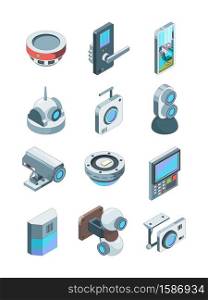 Security cameras. Smart wireless alarm home secure cctv device surveillance vector isometric pictures isolated. Smart system and security camera for monitorin house illustration. Security cameras. Smart wireless alarm home secure cctv device surveillance vector isometric pictures isolated