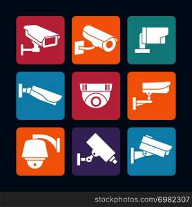 Security cameras white icons on colorful backdrop. Camera security symbol, vector illustration. Security cameras white icons on colorful backdrop