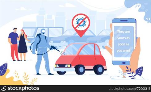 Security Car Buying, Renting via Smartphone on Covid19 Outbreak Pandemic Quarantine. Husband and Pregnant Wife Choosing Automobile. Man Disinfecting Vehicle. Human Hand Holding Mobile Phone. Car Buying, Renting via Smartphone on Quarantine
