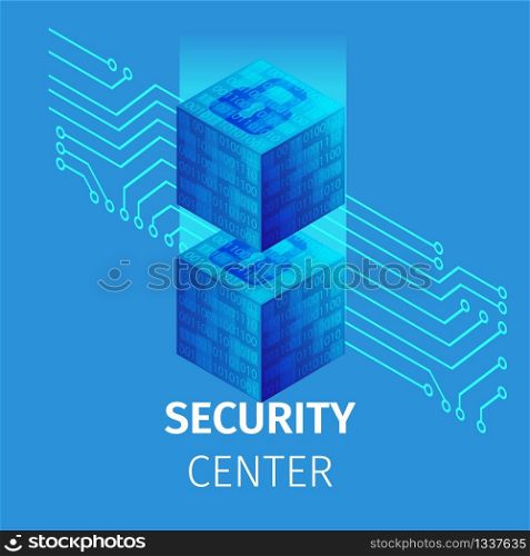 Security Center Square Banner. Big Data Processing, Cloud Database, Server Energy Station. Digital Information Technologies on Blue Neon Glowing Gradient Background. 3D Isometric Vector Illustration. Security Center Square Banner. Big Data Processing