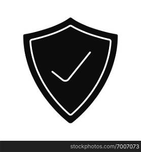 Security check glyph icon. Silhouette symbol. Protection shield with tick mark. Negative space. Vector isolated illustration. Security check glyph icon