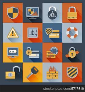 Security computer network data safe flat icons set with firewall monitor padlock elements isolated vector illustration