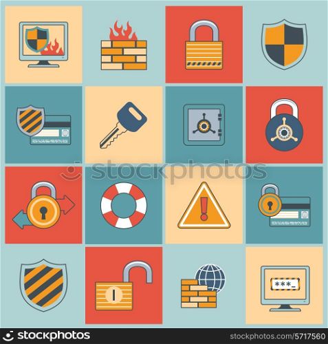 Security computer network data safe mobile secure flat line icons set isolated vector illustration