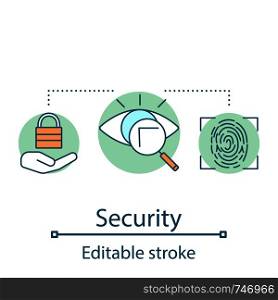 Security concept icon. Authentication and identification. Biometric verification idea thin line illustration. Retina, fingerprint scan. Vector isolated outline drawing. Editable stroke. Security concept icon