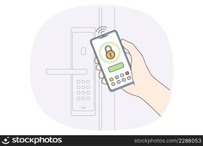 Security control and unlocking concept. Human hand holding smartphone with personal data information and safety unlocking door vector illustration . Security control and unlocking concept.
