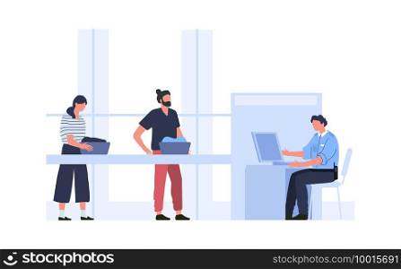 Security control at airport, checking things scanner. Vector airport security control, luggage and baggage checkpoint illustration. Security control at airport, checking things scanner