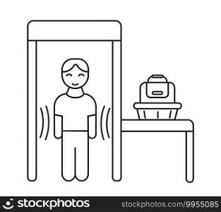 Security control icon vector in outline style. Man standing in metal detector frame. Bag in basket on the table. Airport security screening area. Security control icon vector in outline style. Man standing in metal detector frame. Bag in basket on the table. Airport security screening