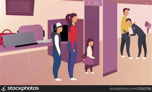 Security control in airport vector illustration. Passengers in queue pass metal detector frame. Guardian inspecting tourist with scanning equipment. Luggage on conveyor belt moves to x-ray scanner