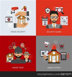 Security design concept set with house thief guard and alarm system flat icons isolated vector illustration. Security Design Concept