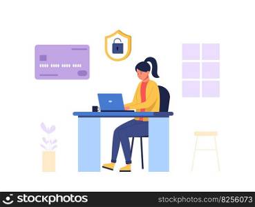 Security financial concept internet banking on laptop. Vector of guarantee virtual wallet by shield, electronic transaction security illustration. Security financial concept internet banking on laptop