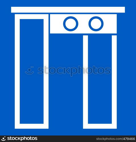 Security gate at entrance of airport icon white isolated on blue background vector illustration. Security gate at airport icon white