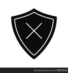 Security glyph icon. Silhouette symbol. Protection shield with cancel cross. Negative space. Vector isolated illustration. Security glyph icon