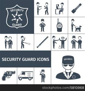 Security guard black icons set. Security service guard officer uniform emblem baton and handgun black icons set abstract isolated vector illustration