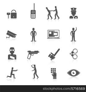Security guard black icons set with safety officer weapon prisoner isolated vector illustration