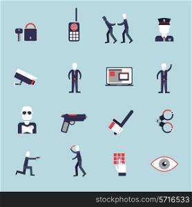 Security guard flat icons set with surveillance camera handcuffs guard isolated vector illustration