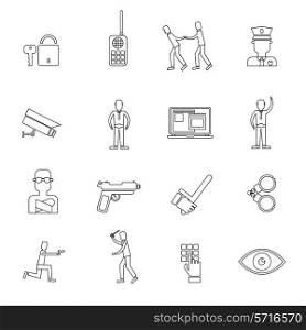 Security guard law protection police and criminal outline icons set isolated vector illustration