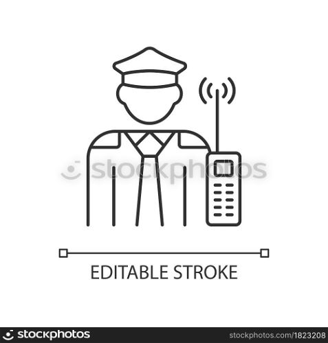 Security guard RGB linear icon. Officer that supervises private and public property. Thin line customizable illustration. Contour symbol. Vector isolated outline drawing. Editable stroke. Security guard RGB linear icon