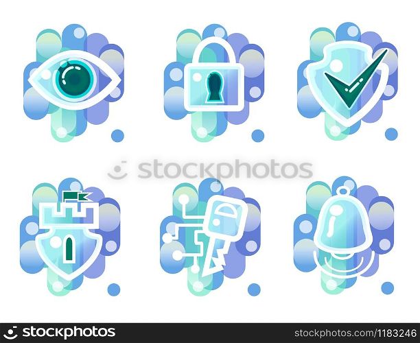 Security icons, simple vector outline set. Eye or video surveillance, key or secret access password, ringing bell or alarm, shield or protection, blue signs collection isolated on white background. Security icons, surveillance, key access, alarm