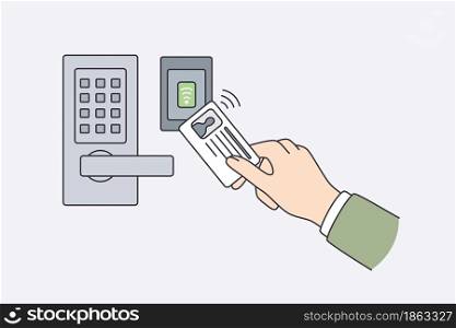 Security id card and safety concept. Human hand holding id card with personal information holding near electronic lock opening door vector illustration . Security id card and safety concept