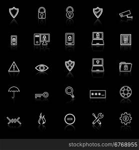 Security line icons with reflect on black background, stock vector