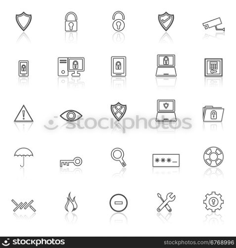 Security line icons with reflect on white background, stock vector
