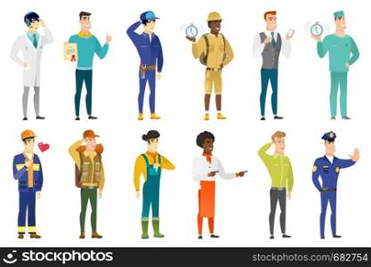 Security man showing stop hand gesture. Full length of security man doing stop gesture. Serious security man with a stop gesture. Set of vector flat design illustrations isolated on white background.. Vector set of professions characters.