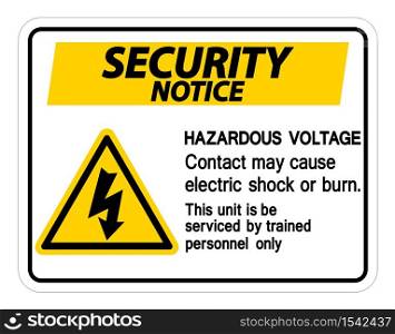 Security Notice Hazardous Voltage Contact May Cause Electric Shock Or Burn Sign On White Background,Vector Illustration
