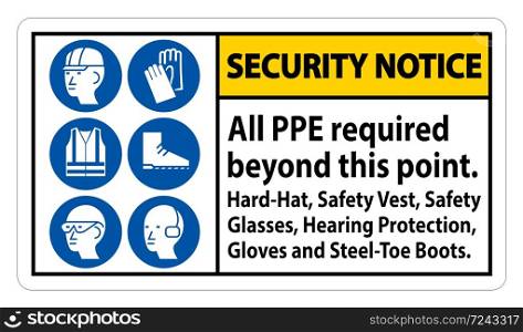 Security Notice PPE Required Beyond This Point. Hard Hat, Safety Vest, Safety Glasses, Hearing Protection