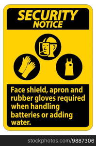 Security Notice Sign Face Shield, Apron And Rubber Gloves Required When Handling Batteries or Adding Water With PPE Symbols 