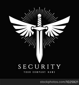 Security or Guard Emblem. White Winged sword isolated on black. Vector illustration