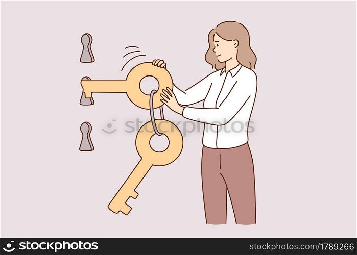 Security, protection of account concept. Young woman cartoon character standing and choosing right key to open key hole vector illustration . Security, protection of account concept.