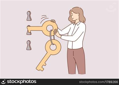 Security, protection of account concept. Young woman cartoon character standing and choosing right key to open key hole vector illustration . Security, protection of account concept.