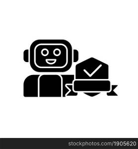 Security robot black glyph icon. Detecting potential intruder. Automated machine for street patrolling. Robotic surveillance system. Silhouette symbol on white space. Vector isolated illustration. Security robot black glyph icon